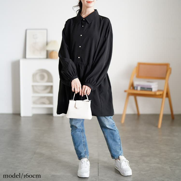 大きいサイズ レディース リボンカフスバルーンペプラムチュニック