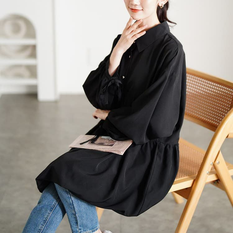 大きいサイズ レディース リボンカフスバルーンペプラムチュニック