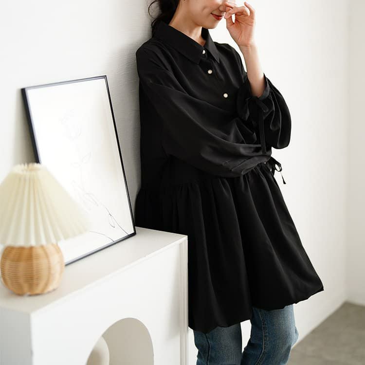 大きいサイズ レディース リボンカフスバルーンペプラムチュニック