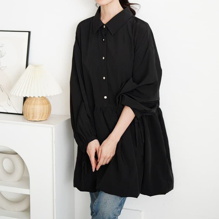 大きいサイズ レディース リボンカフスバルーンペプラムチュニック ブラック