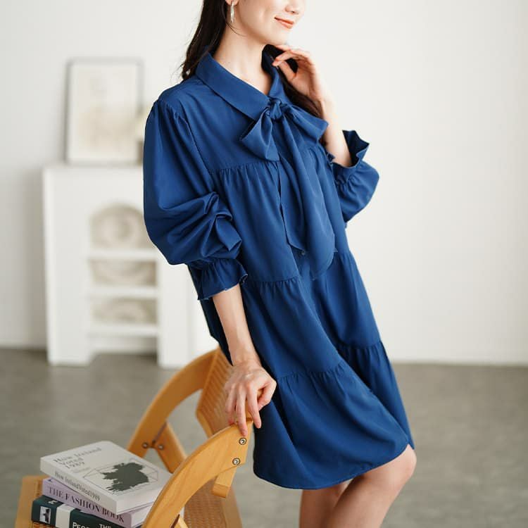 大きいサイズ レディース リボンタイ付きティアードシャツチュニック