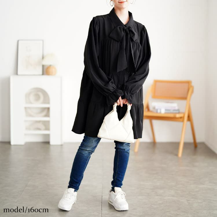 大きいサイズ レディース リボンタイ付きティアードシャツチュニック