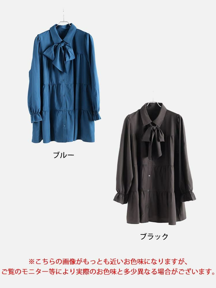 大きいサイズ レディース リボンタイ付きティアードシャツチュニック