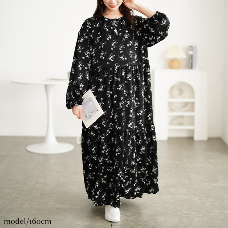 大きいサイズ レディース 花柄ティアードマキシワンピース