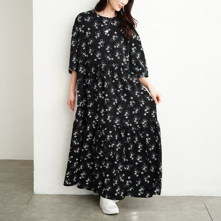 大きいサイズ レディース 花柄ティアードマキシワンピース