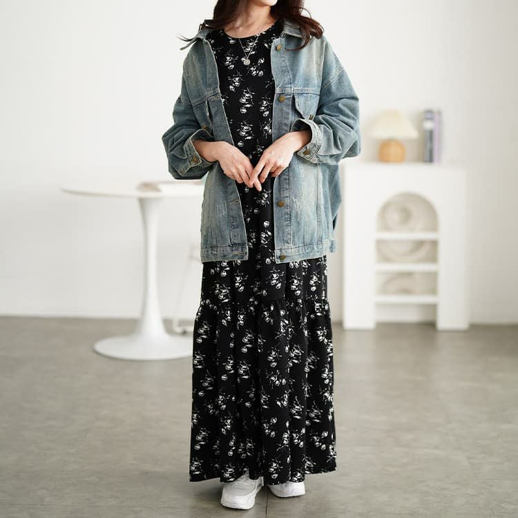 大きいサイズ レディース 花柄ティアードマキシワンピース