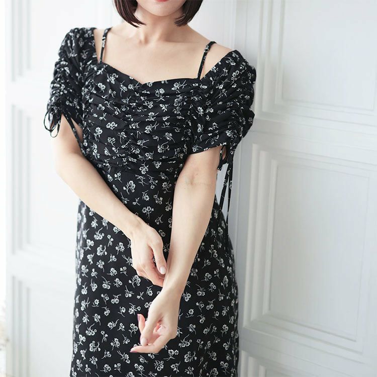 大きいサイズ レディース ギャザー花柄ワンピース