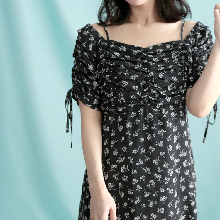 大きいサイズ レディース ギャザー花柄ワンピース