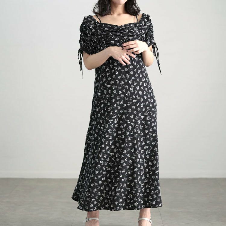 大きいサイズ レディース ギャザー花柄ワンピース
