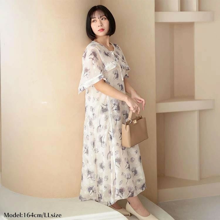 大きいサイズ レディース ケープスリーブフラワーワンピース