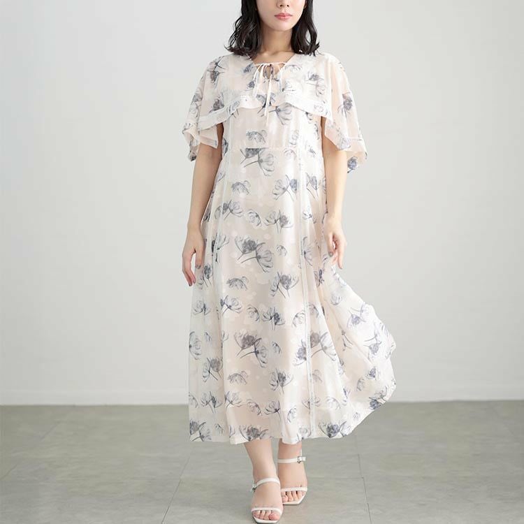 大きいサイズ レディース ケープスリーブフラワーワンピース