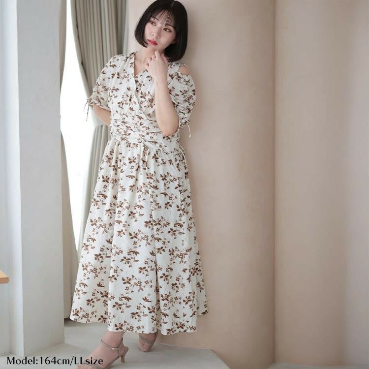 大きいサイズ レディース レトロフラワーウエストタックワンピース