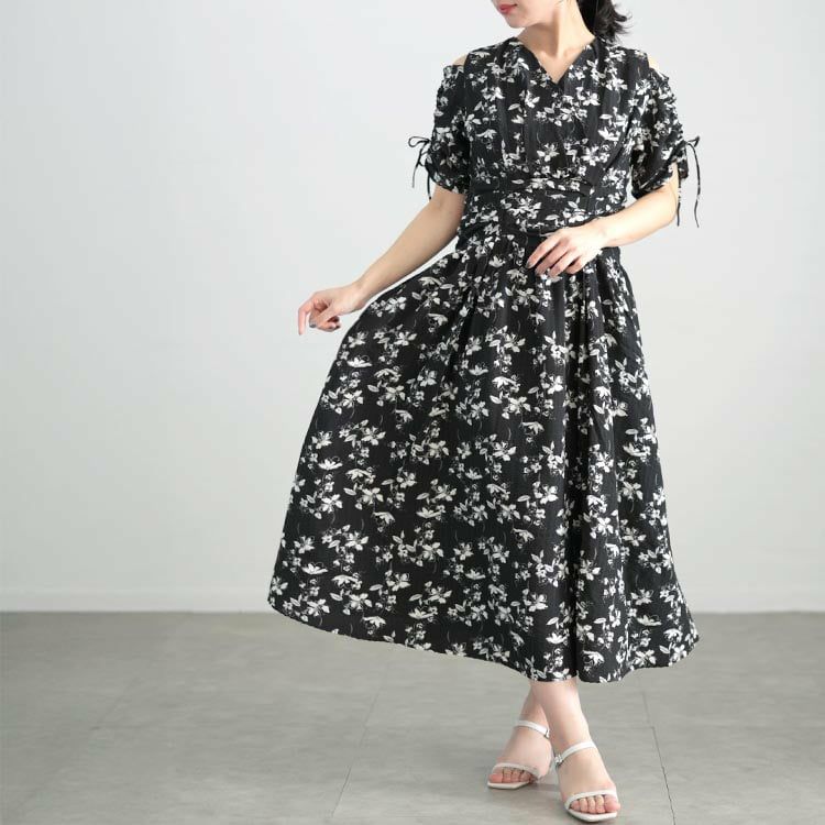 大きいサイズ レディース レトロフラワーウエストタックワンピース