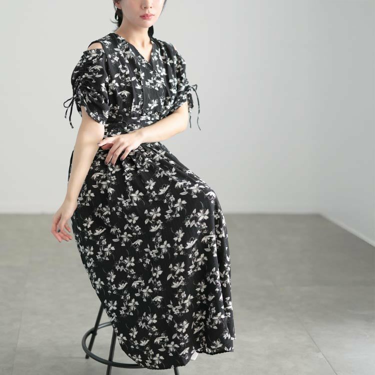 大きいサイズ レディース レトロフラワーウエストタックワンピース