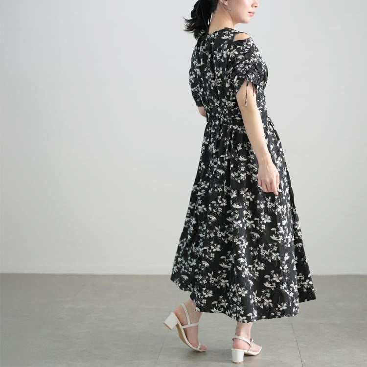 大きいサイズ レディース レトロフラワーウエストタックワンピース