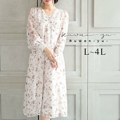 大きいサイズ レディース フラワープリントレース切替ワンピース