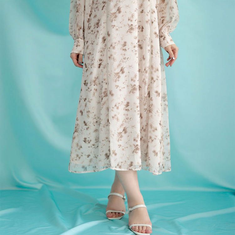 大きいサイズ レディース フラワープリントレース切替ワンピース