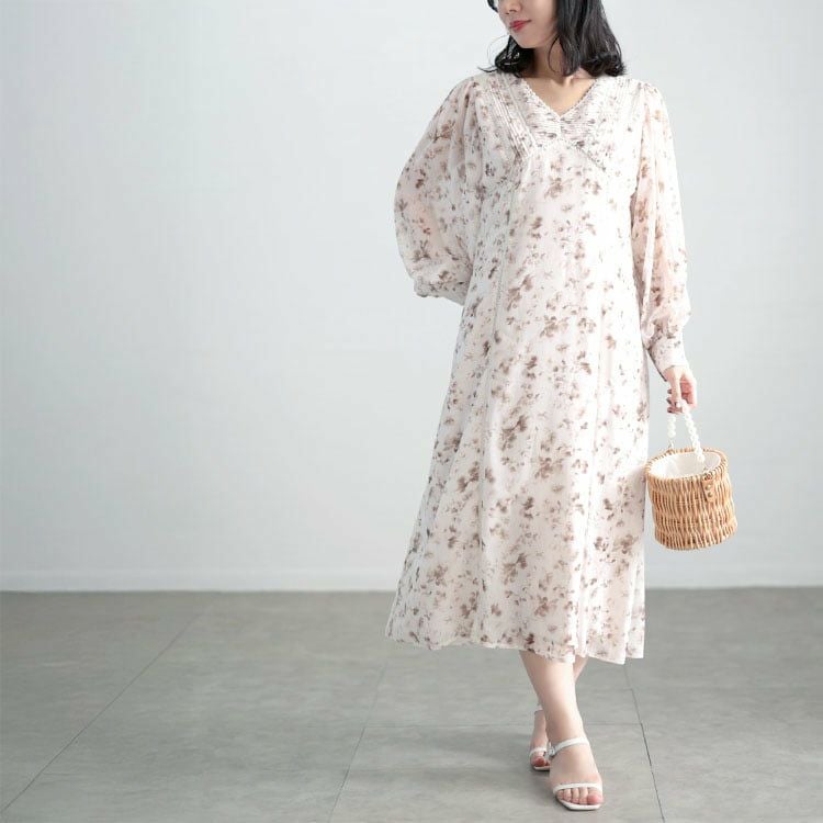 大きいサイズ レディース フラワープリントレース切替ワンピース