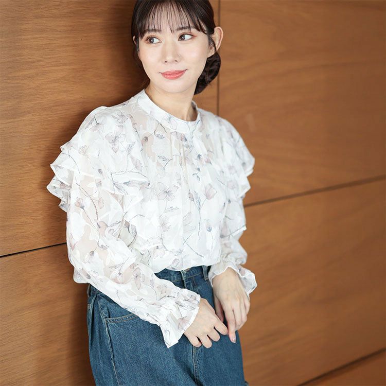 大きいサイズ レディース フラワージャガードシフォンブラウス