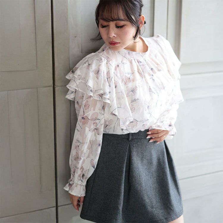 大きいサイズ レディース フラワージャガードシフォンブラウス