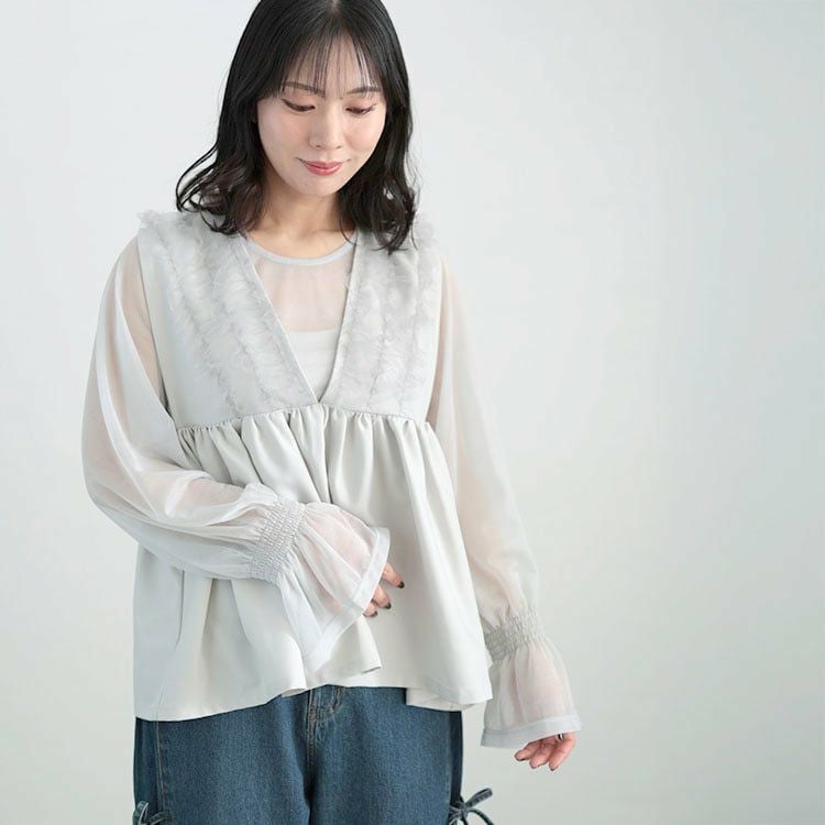 大きいサイズ レディース ペプラムベスト＆シアーブラウスセット