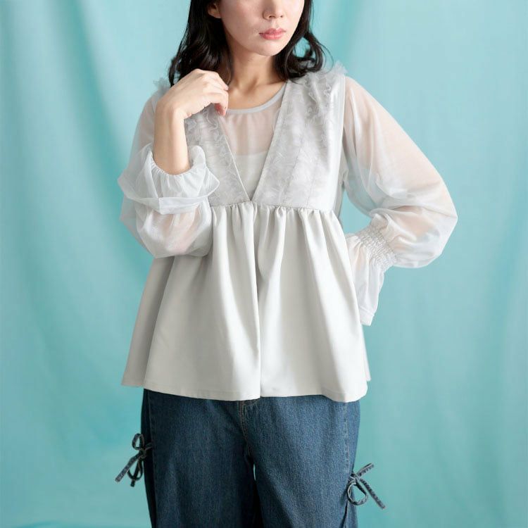 大きいサイズ レディース ペプラムベスト＆シアーブラウスセット