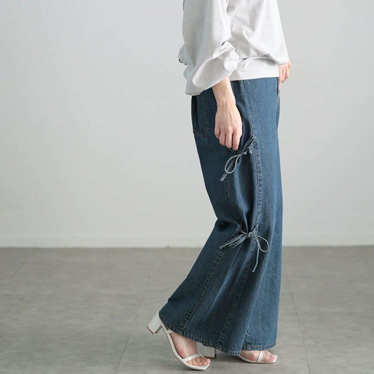 大きいサイズ レディース サイドリボンワイドデニムパンツ