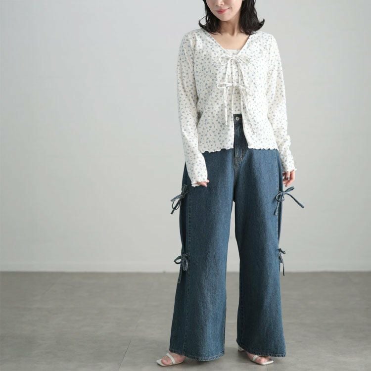 大きいサイズ レディース サイドリボンワイドデニムパンツ