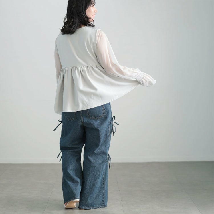 大きいサイズ レディース サイドリボンワイドデニムパンツ