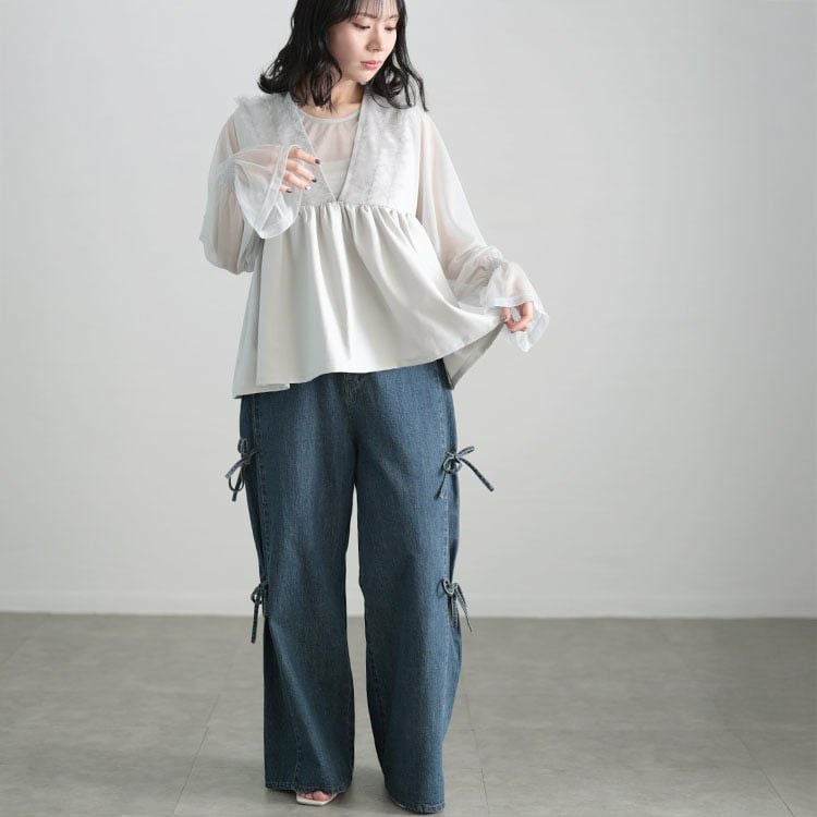 大きいサイズ レディース サイドリボンワイドデニムパンツ