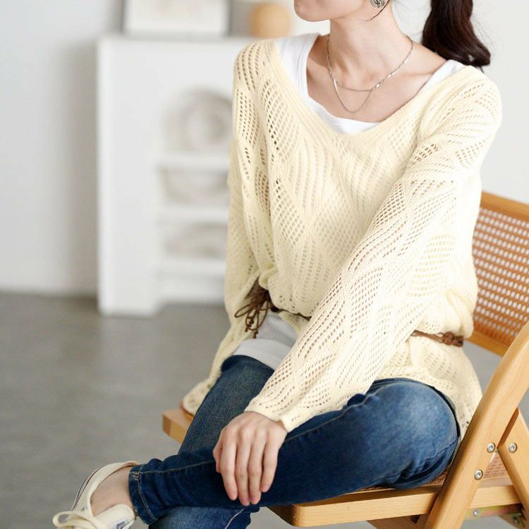 大きいサイズ レディース 紐ベルト付き透かし編みアシメニット