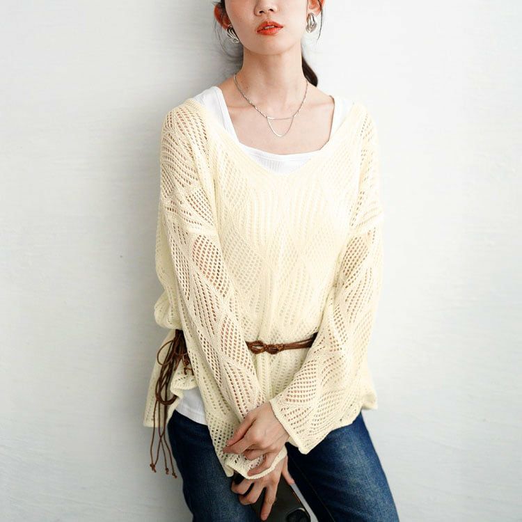 大きいサイズ レディース 紐ベルト付き透かし編みアシメニット