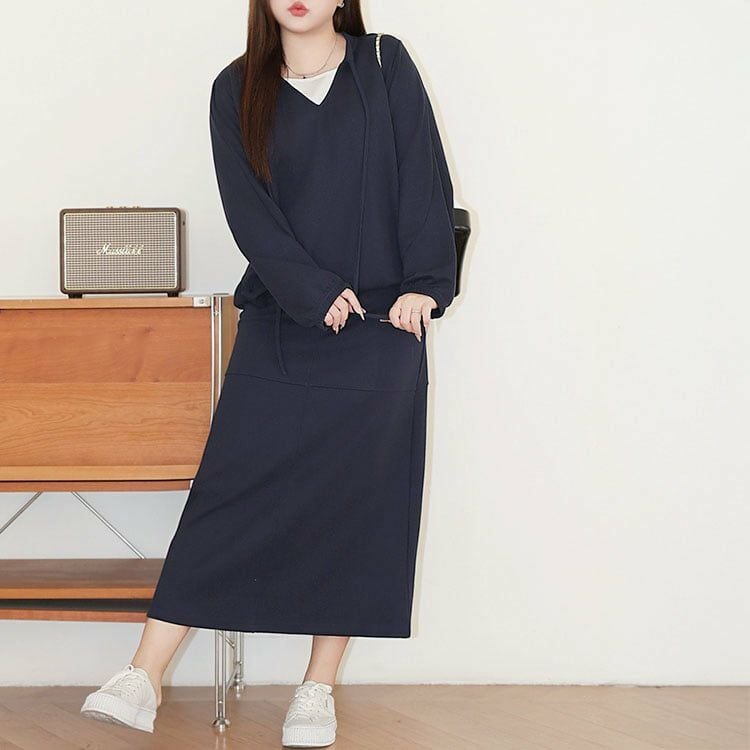 大きいサイズ レディース リボン付きキーネックトップス＆ロングスカート