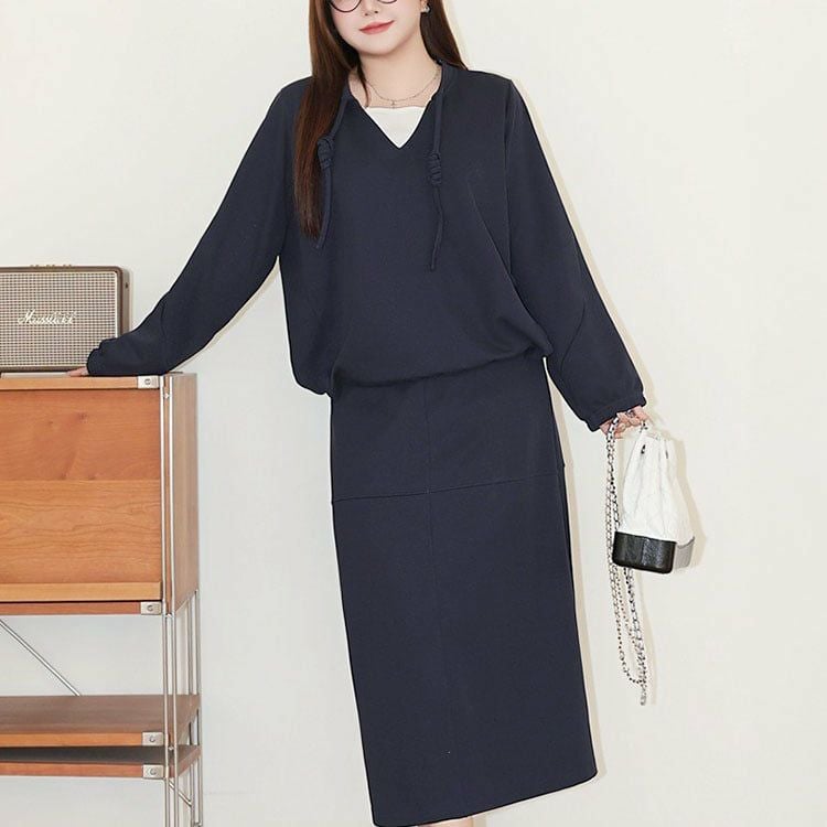 大きいサイズ レディース リボン付きキーネックトップス＆ロングスカート