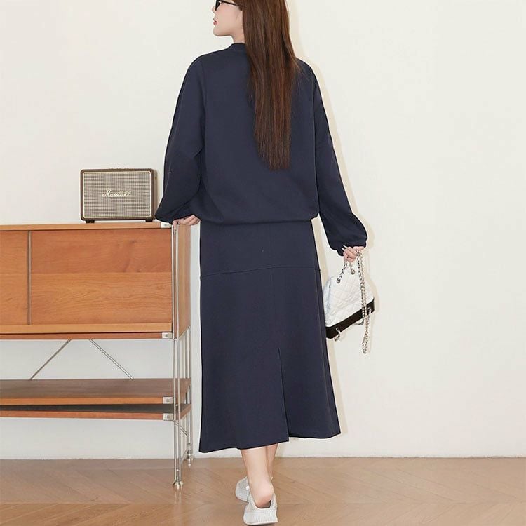 大きいサイズ レディース リボン付きキーネックトップス＆ロングスカート