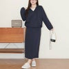 大きいサイズ レディース リボン付きキーネックトップス＆ロングスカート ネイビー