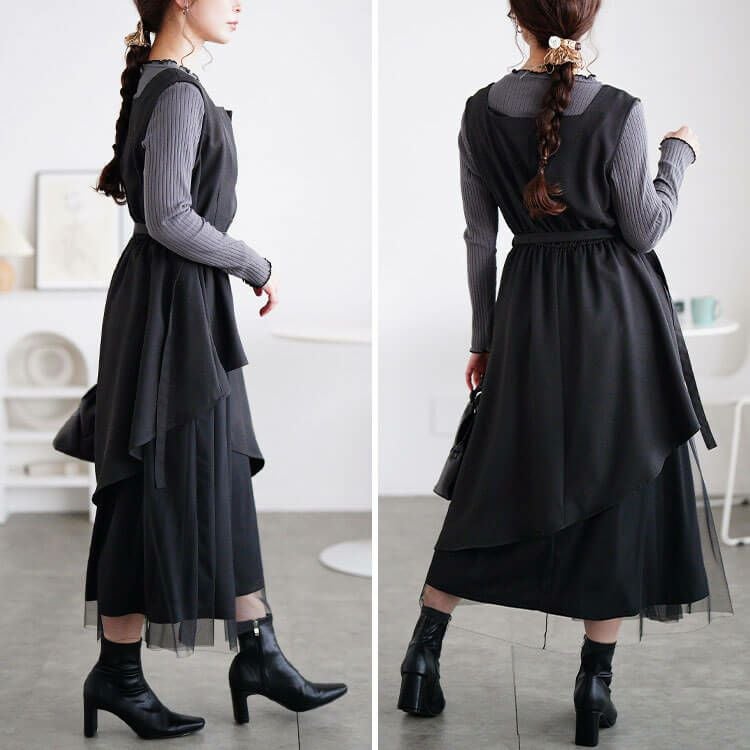 大きいサイズ レディース アシメ異素材ノースリーブワンピース