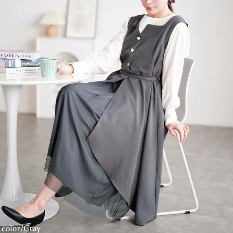大きいサイズ レディース アシメ異素材ノースリーブワンピース