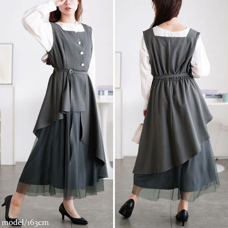 大きいサイズ レディース アシメ異素材ノースリーブワンピース