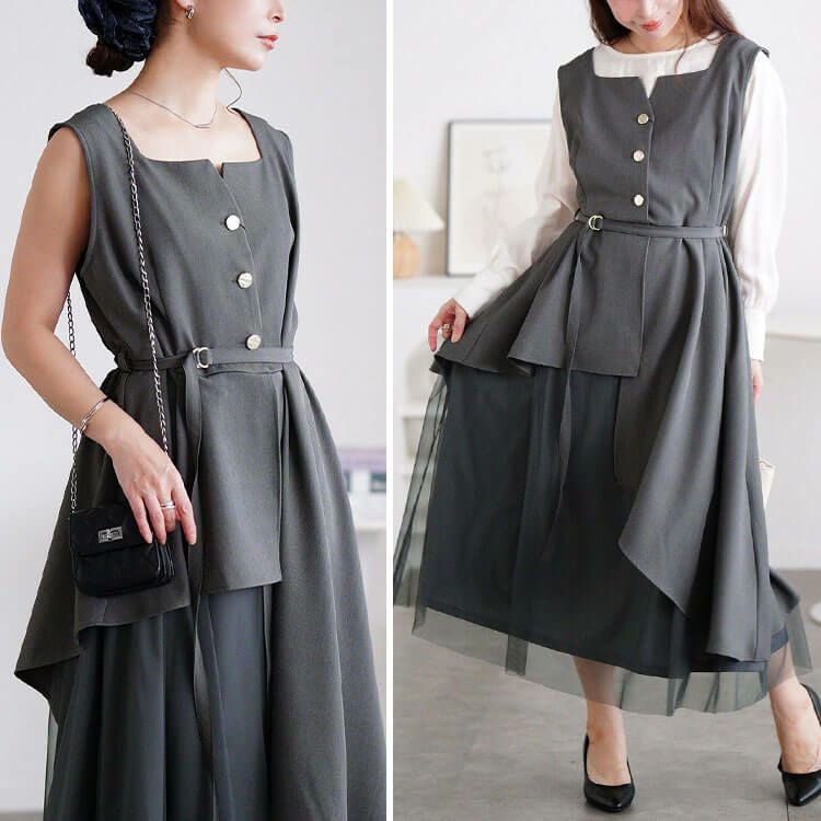 大きいサイズ レディース アシメ異素材ノースリーブワンピース