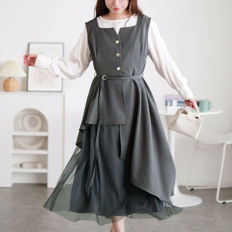 大きいサイズ レディース アシメ異素材ノースリーブワンピース グレー