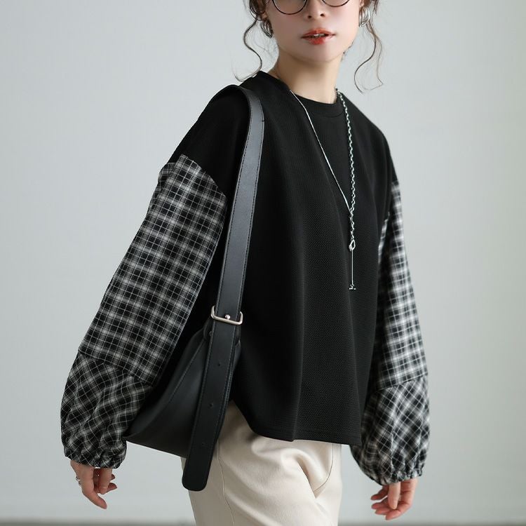 大きいサイズ レディース チェック柄切り替え異素材プルオーバー