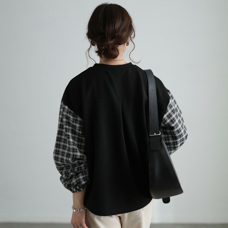 大きいサイズ レディース チェック柄切り替え異素材プルオーバー