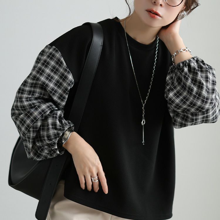 大きいサイズ レディース チェック柄切り替え異素材プルオーバー