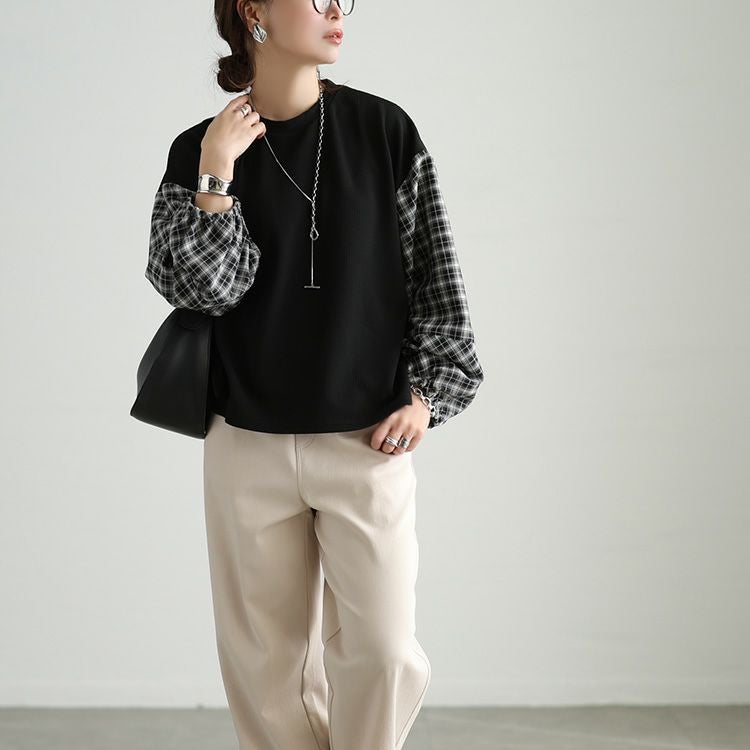 大きいサイズ レディース チェック柄切り替え異素材プルオーバー