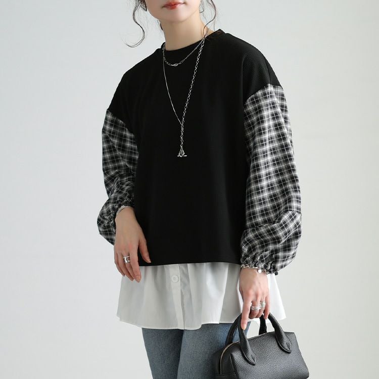 大きいサイズ レディース チェック柄切り替え異素材プルオーバー