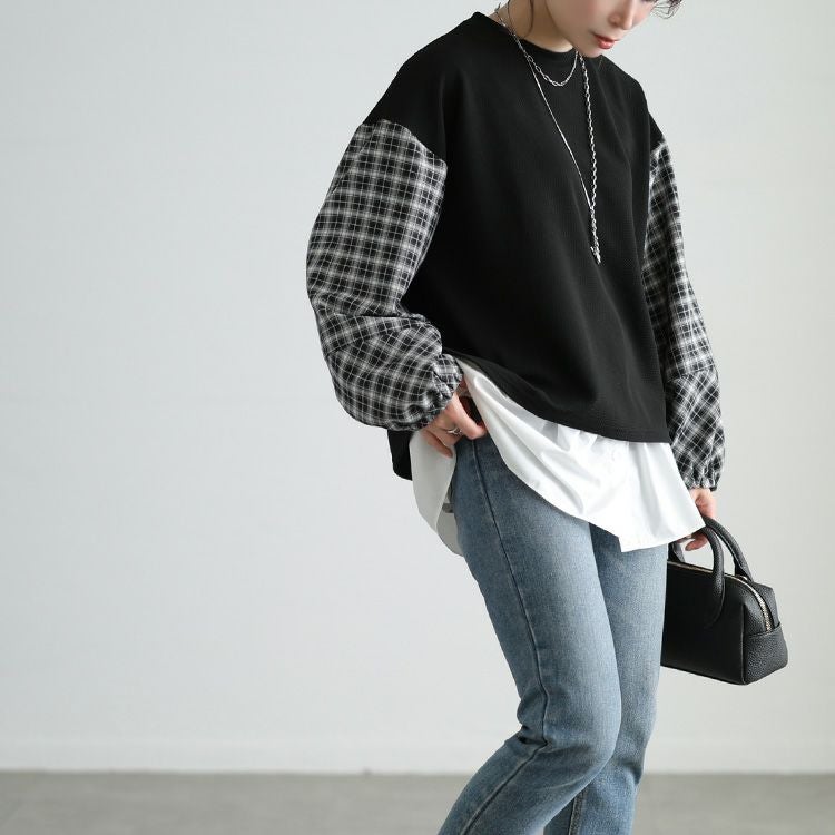 大きいサイズ レディース チェック柄切り替え異素材プルオーバー