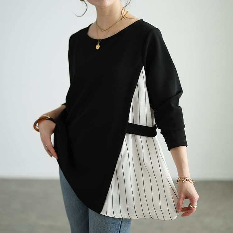 大きいサイズ レディース ストライプ切り替えアシンメトリーチュニック