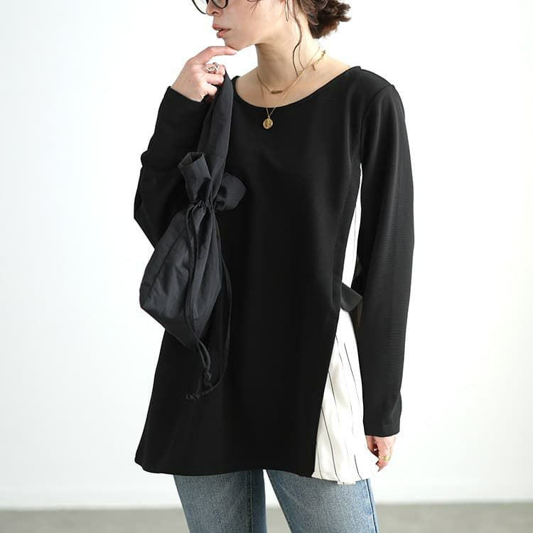 大きいサイズ レディース ストライプ切り替えアシンメトリーチュニック