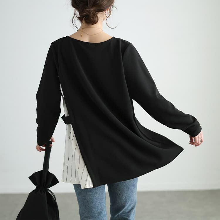 大きいサイズ レディース ストライプ切り替えアシンメトリーチュニック